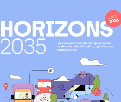 couverture bleue avec le titre Horizons 2035 : les compétences du transport routier de marchandises de demain